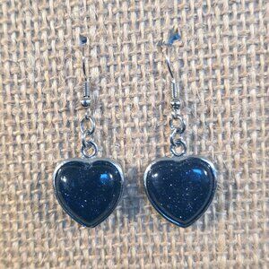 Blue Goldstone Heart Gemstone Pendant Dangle Earrings